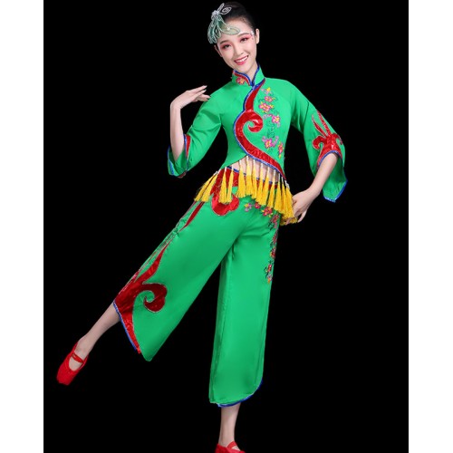 Women yellow green color chinese folk Yangko dance costume umbrella stage performance costume female adult fan dance ethnic classical costume